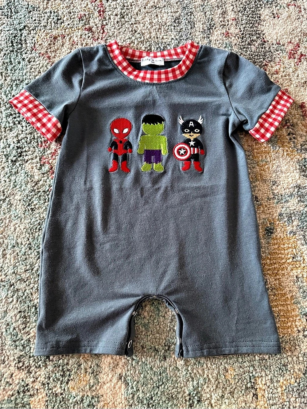 Abbey & Evie Baby Gingham Graphic Romper Gray & Red 9M